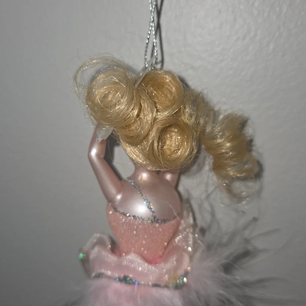 de carlini Glass Ballerina Ornament Feather Dress Tutu Glitter Blonde Dancer